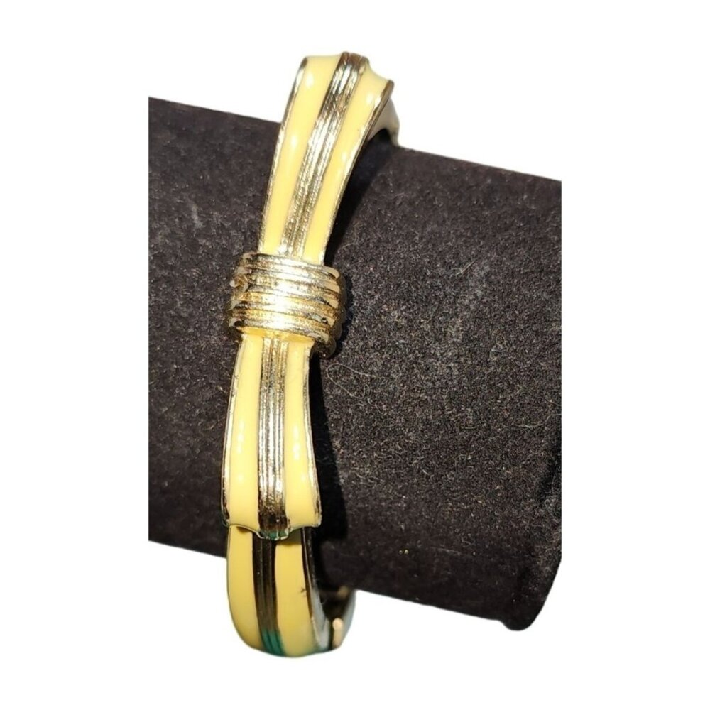 Gold Tone & Pale Yellow Enamel Hinged Cuff Bow Bracelet Fashion Jewelry